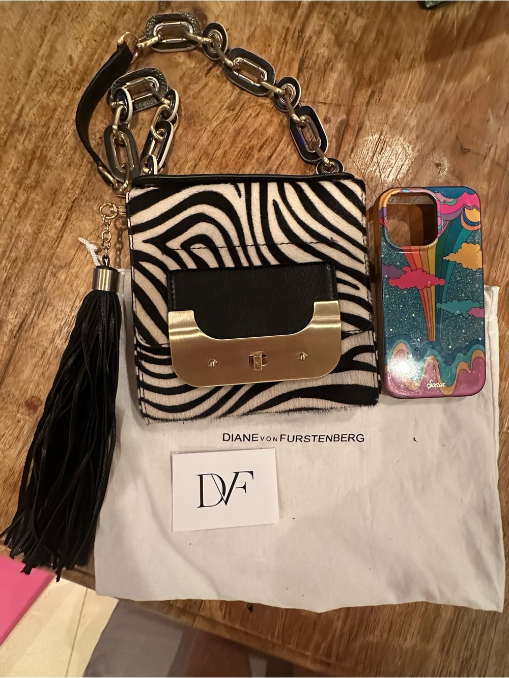 Diane Von Furstenberg Black & White Zebra Print Crossbody with Gold Hardware
